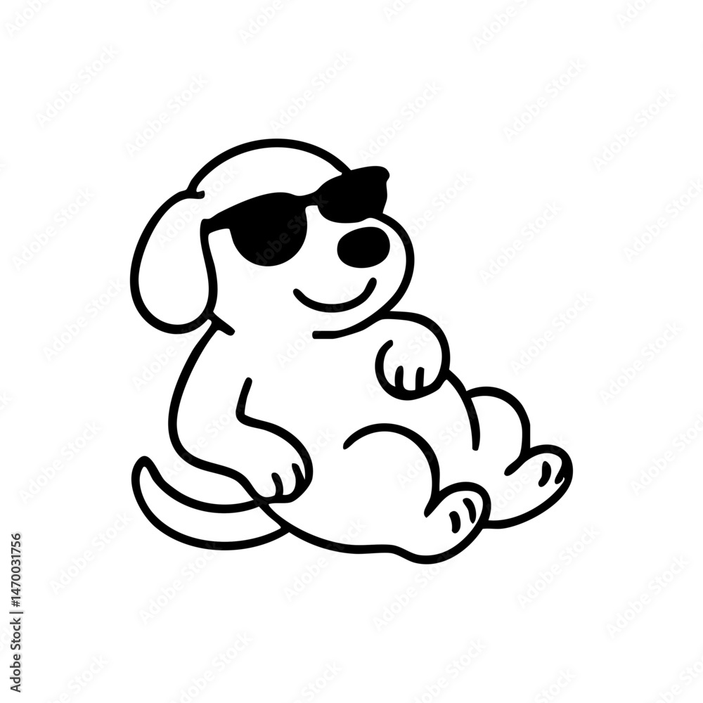 Fototapeta premium A cool dog laying down with sunglasses, front paws crossed and a relaxed smile, clean black line drawing with minimal details.