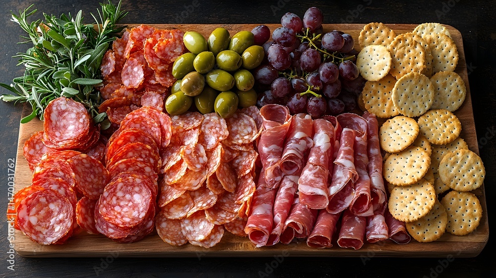 A vibrant charcuterie platter showcasing a gourmet selection of cured meats and appetizers