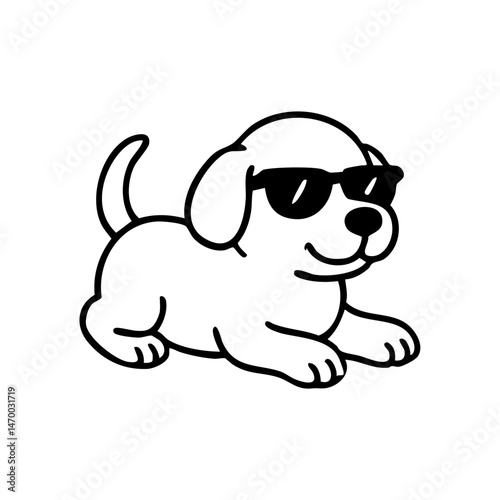 A cool dog laying down with sunglasses, front paws crossed and a relaxed smile, clean black line drawing with minimal details.