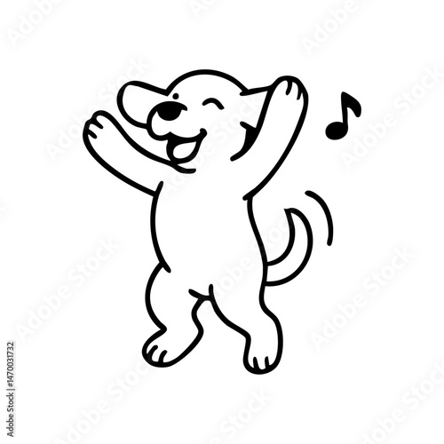 A joyful dog standing on its back legs, front paws raised, tail wagging wildly, drawn in a fun and bouncy line style.