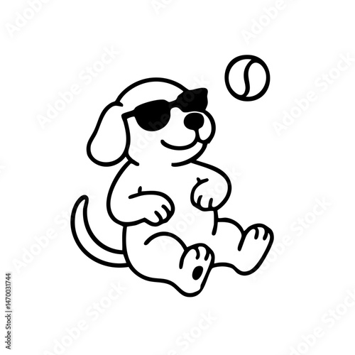 A cool dog laying down with sunglasses, front paws crossed and a relaxed smile, clean black line drawing with minimal details.