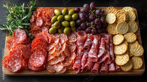 Obraz na płótnie A vibrant charcuterie platter showcasing a gourmet selection of cured meats and appetizers w salonie