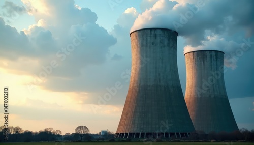 Imposing coal-fired power plant cooling tower against a cloudy sky , architecture, fossil fuel