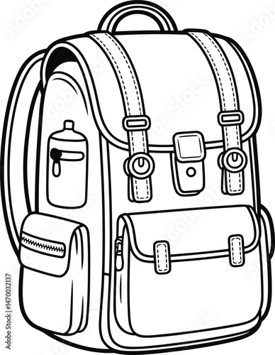 Detailed Outline of a Backpack with Water Bottle and Pockets Silhouette Vector.