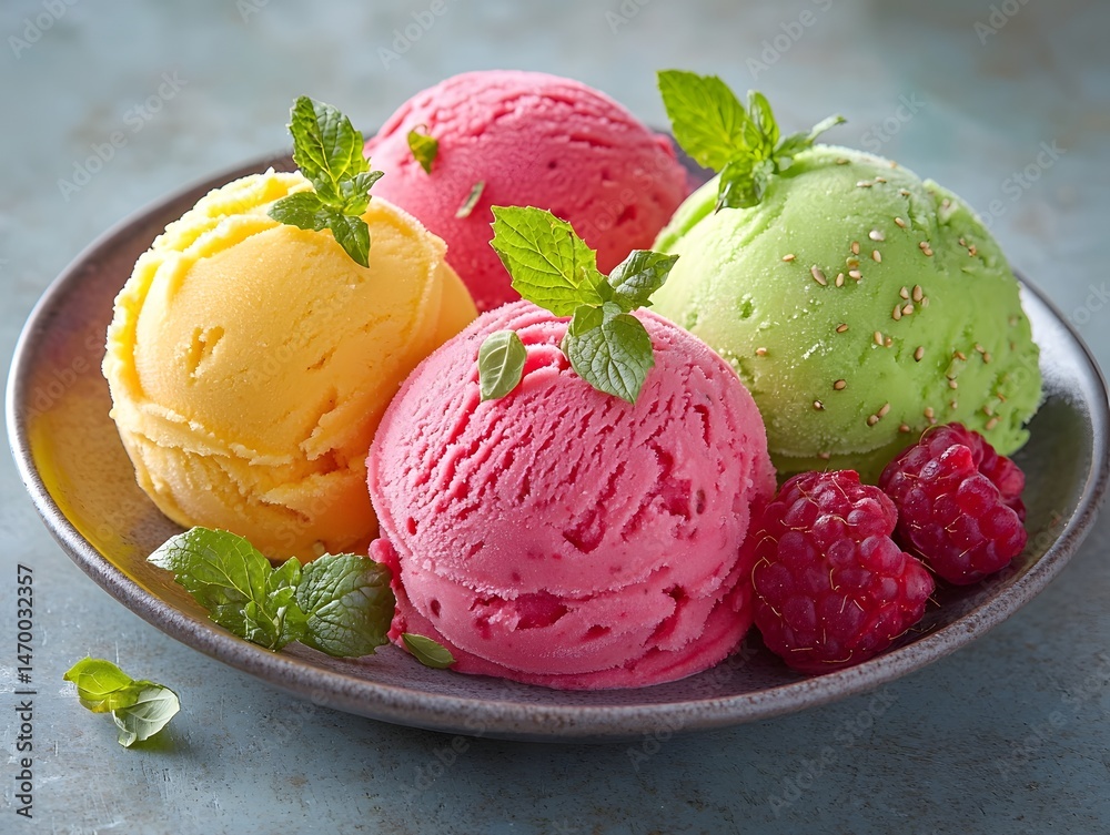 A vibrant trio of refreshing sorbet scoops