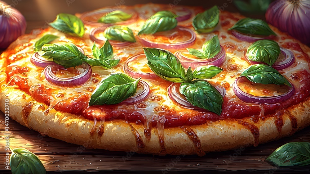 A freshly baked colorful and appetizing pizza with vibrant ingredients