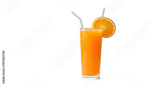 Refreshing orange juice in glass with straw and orange slice isolated on white background.
