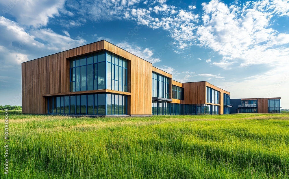 Obraz premium Modern new residential apartment building complex with wooden cladding and blue metal accents, urban architecture of a luxury community on a green grass meadow on a summer day. generative ai