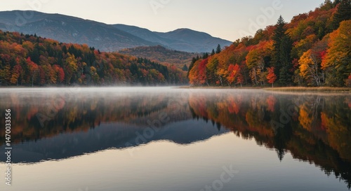 Autumn Reflections on a Calm Lake - Serene autumn landscape reflecting vibrant trees in still water. Symbolizing peace, tranquility, nature's beauty, seasonal change, and reflection