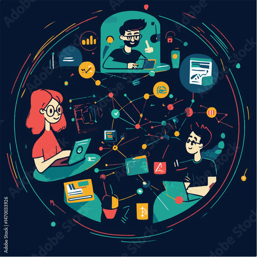 Teamwork Illustration Connecting People Working Together Online With Digital Technology Devices