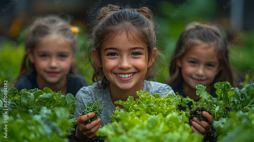 Joyful children planting in a garden together