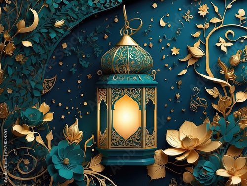 Islamic New Year Wishes Illustrated with Lanterns and Mosque – AI Generated