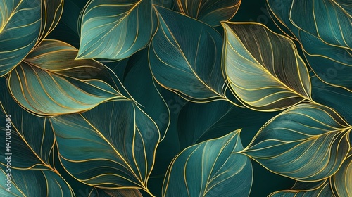 Golden leaves line art background vector. luxury gold abstract wallpaper with blue and tidewater green color. Design for prints, Home decoration, fabric and cover design. vector illustration. illustr