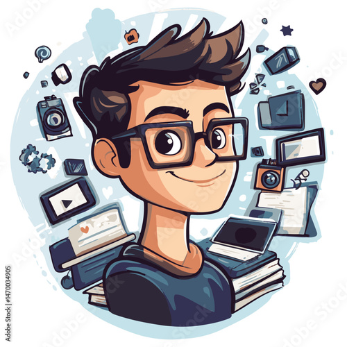 Cartoon Character Surrounded By Media Related Objects Digital Content Creation