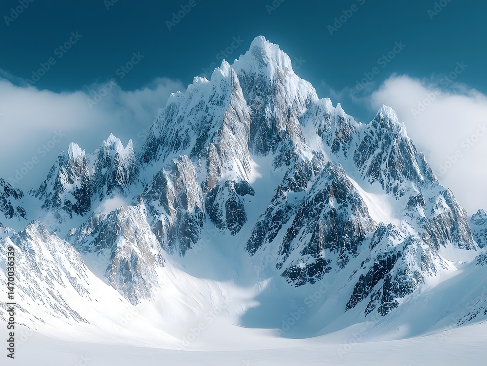 Majestic snow capped mountain peaks against a clear blue sky