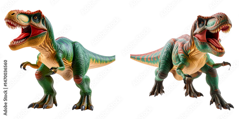 Fototapeta premium Realistic T-Rex Dinosaur Toy in Roaring Pose, isolated on transparent background PNG
