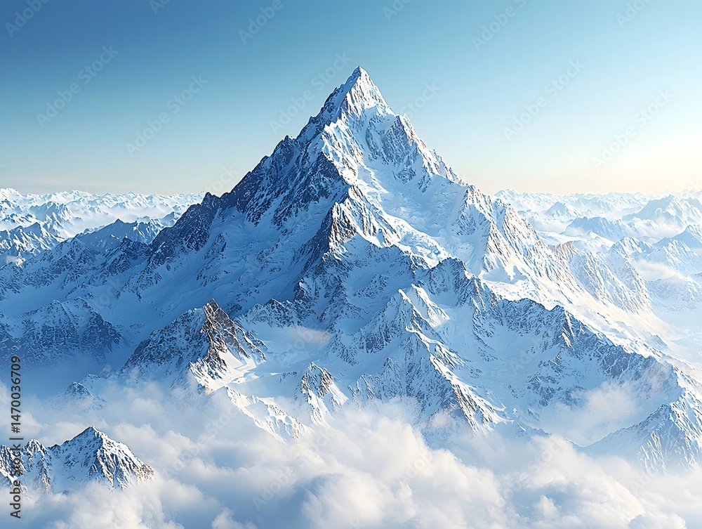 Majestic snow capped mountain peak against a clear blue sky