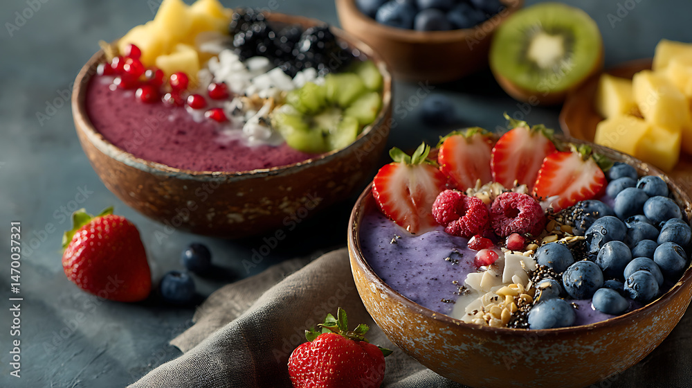 Delicious smoothie bowls with colorful toppings