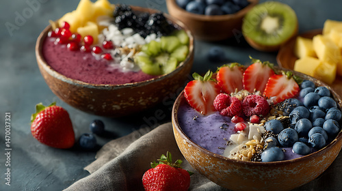 Delicious smoothie bowls with colorful toppings 