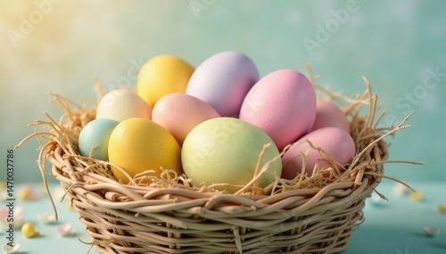 Vibrant pastel-colored Easter eggs in a basket Springtime celebration , chick, decoration