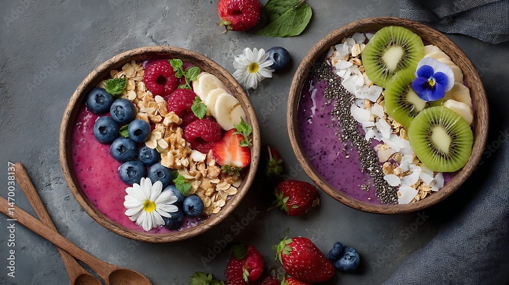 Delicious and healthy smoothie bowl with fresh fruits