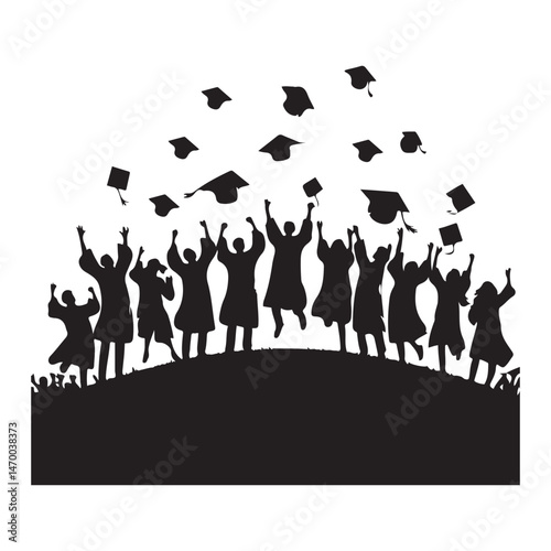 Group of graduates in silhouette tossing hats in the air against glowing evening backdrop
