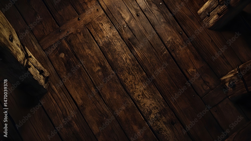 Obraz premium An abstract background composed of aged textured wooden planks in a variety of brown and golden hues creating a rustic vintage inspired floor surface