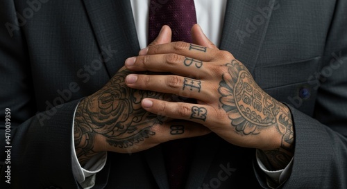 Businessman's Tattooed Hands - A close-up of a businessman's hands, intricately tattooed, clasped together. Symbolizing contrast, hidden identity, success, rebellion, and duality