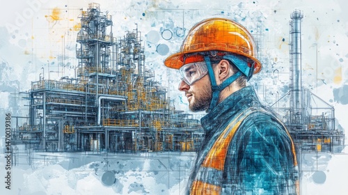 Industrial worker profile against a sketched refinery background.