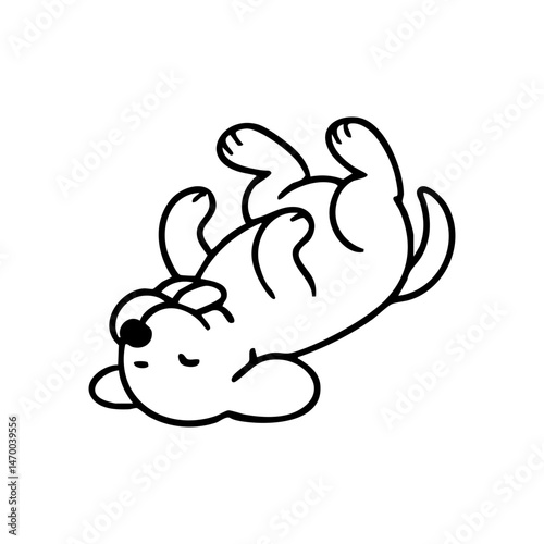 A relaxed dog lying on its back, legs sprawled, tongue hanging out while sleeping peacefully, simple and cute line drawing.