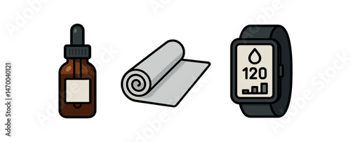 Fitness essentials: dropper bottle, exercise mat, smartwatch with health tracking vector illustration