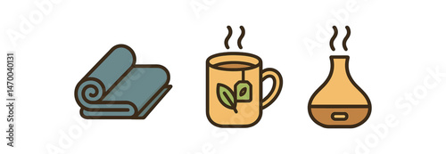 Relaxation icons: mat, tea, and diffuser symbols for wellness vector illustration