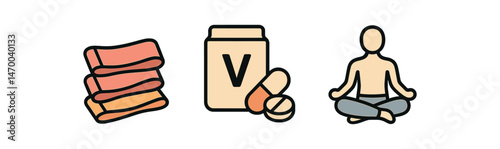 Wellness icons: towels, vitamins, meditation figure illustrating relaxation and health vector illustration