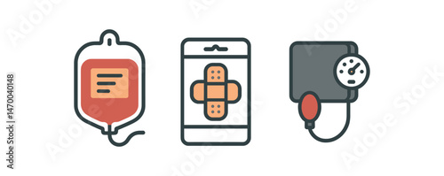 Medical equipment icons: iv bag, smartphone with bandage, blood pressure monitor vector illustration