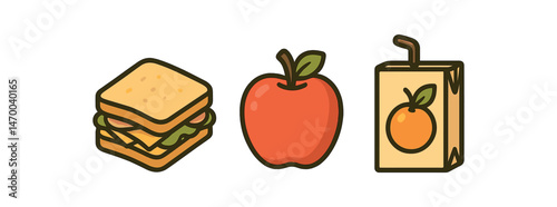 Cartoon sandwich, apple, and juice box on white background vector illustration