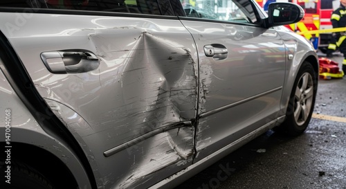 Car Door Damage After Accident - Severe car door dent and scratches after a collision. Illustrates accident damage, repair needs, insurance claims, and vehicle safety. Symbolizing impact, collision