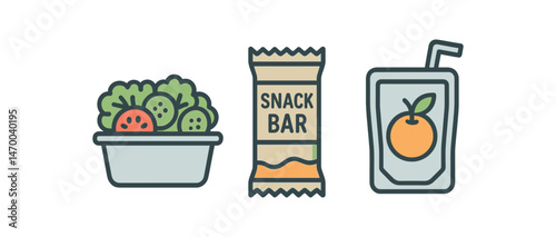 Healthy snack icons: salad bowl, snack bar, juice box with fruit vector illustration