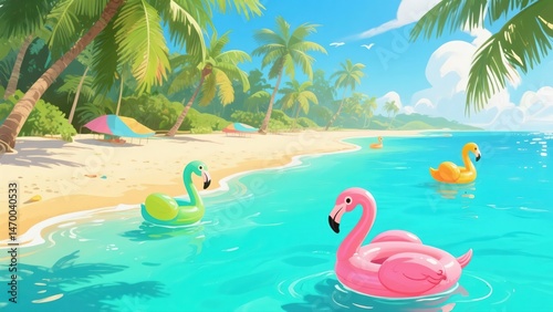 Fototapeta Naklejka Na Ścianę i Meble -  A vibrant tropical beach scene featuring inflatable flamingos and swans floating in turquoise water, palm trees, and white sand under a clear blue sky, perfect for summer vacation vibes 8K