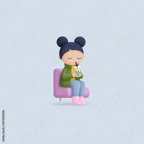 Chibi girl drinking bubble tea in a kawaii cafe