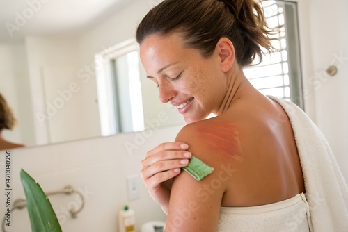 Woman applying aloe vera to sunburned shoulder in bathroom  
