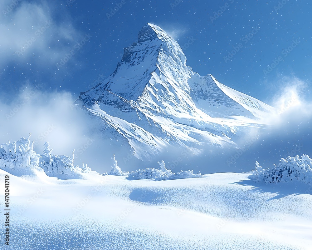 Majestic snow capped mountain peak under a clear blue sky
