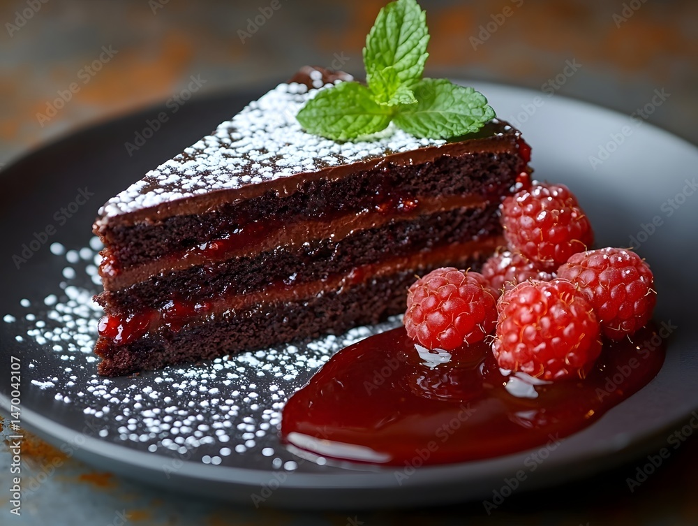 Decadent Chocolate Cake Slice with Raspberry Sauce and Fresh Mint