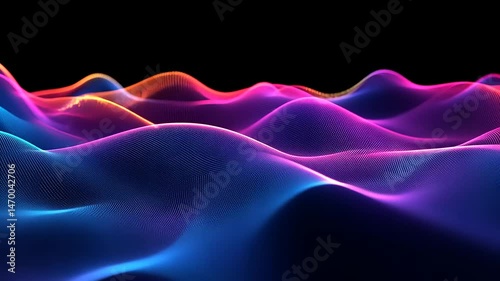Vibrant, colorful waves flow across a dark background, creating a mesmerizing visual spectacle