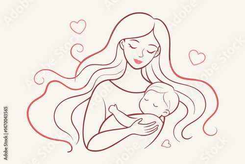Tender Mother Holding Sleeping Baby Line Art Illustration