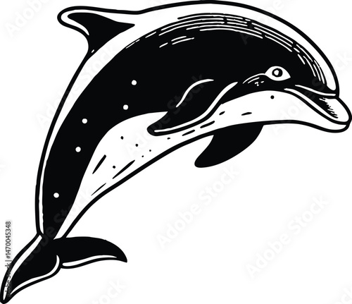 Vintage Engraving woodcut dolphin swimming retro vector art illustration design.	