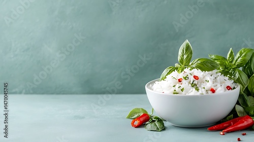 Fresh Basil and Chili Garnished Rice in White Bowl