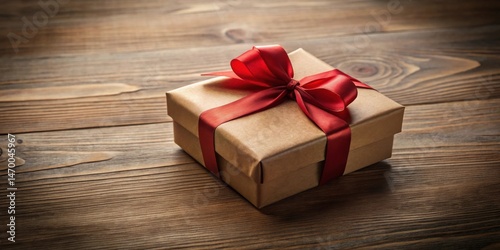 A thoughtfully wrapped gift box rests on a rustic wooden surface, tied with a vibrant red ribbon, symbolizing a heartfelt present and the anticipation of a joyous occasion.