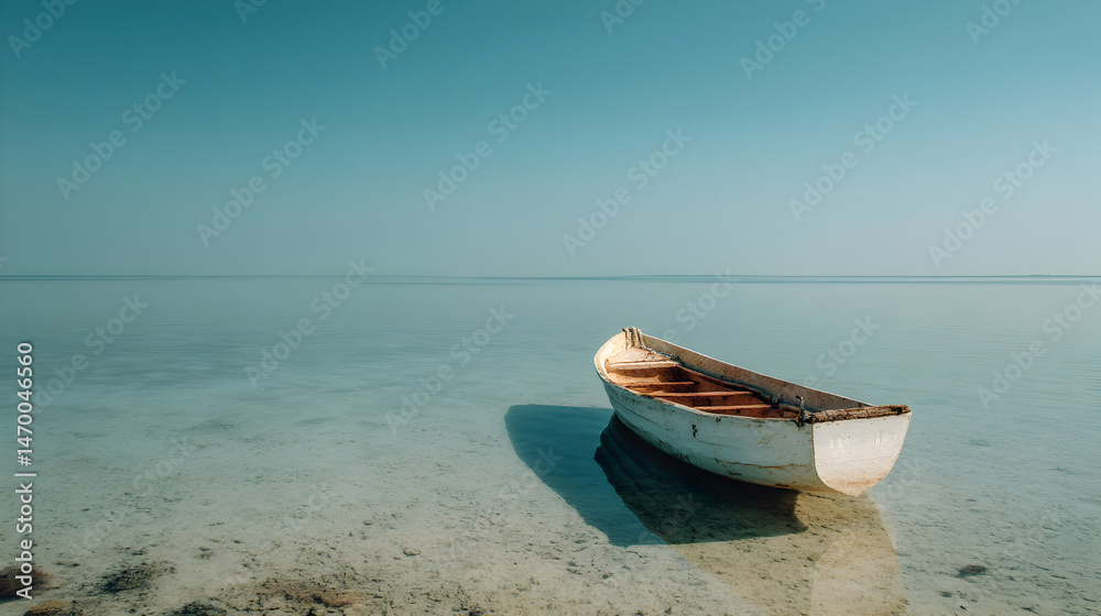 Naklejka premium A calm turquoise sea reflects the clear sky with a small boat sitting quietly on shore