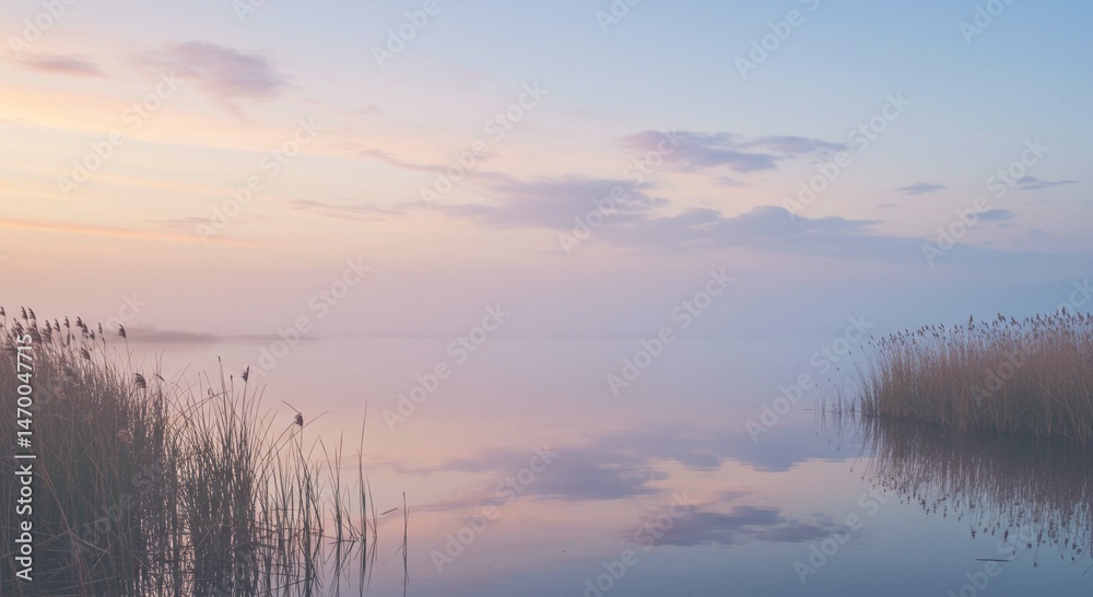 Fototapeta premium Serene Dawn Misty Lake Reflections with Reeds and Pastel Sky