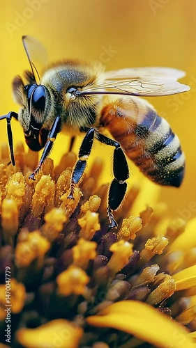 Close-up of a bee collecting pollen from a vibrant yellow flower